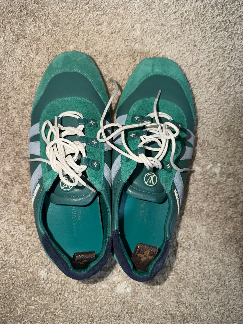 Louis Vuitton women’s Green & White Suede Leather Sneakers